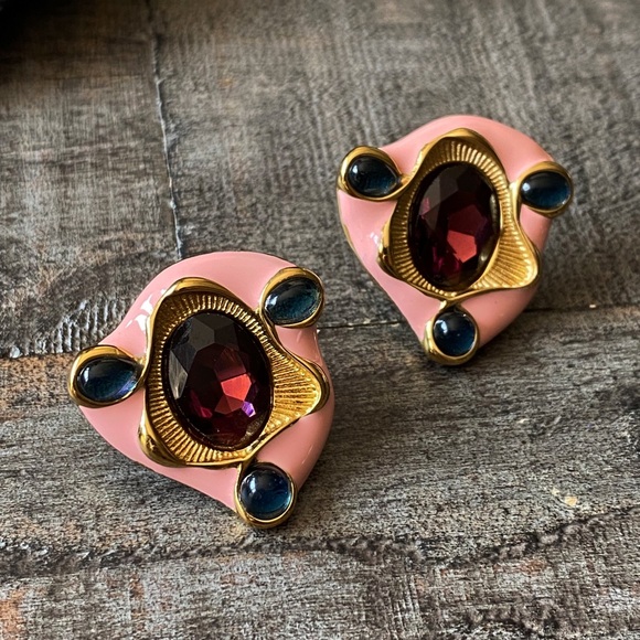 NEW Pink Abstract Gem Statement Earrings - Picture 3 of 9